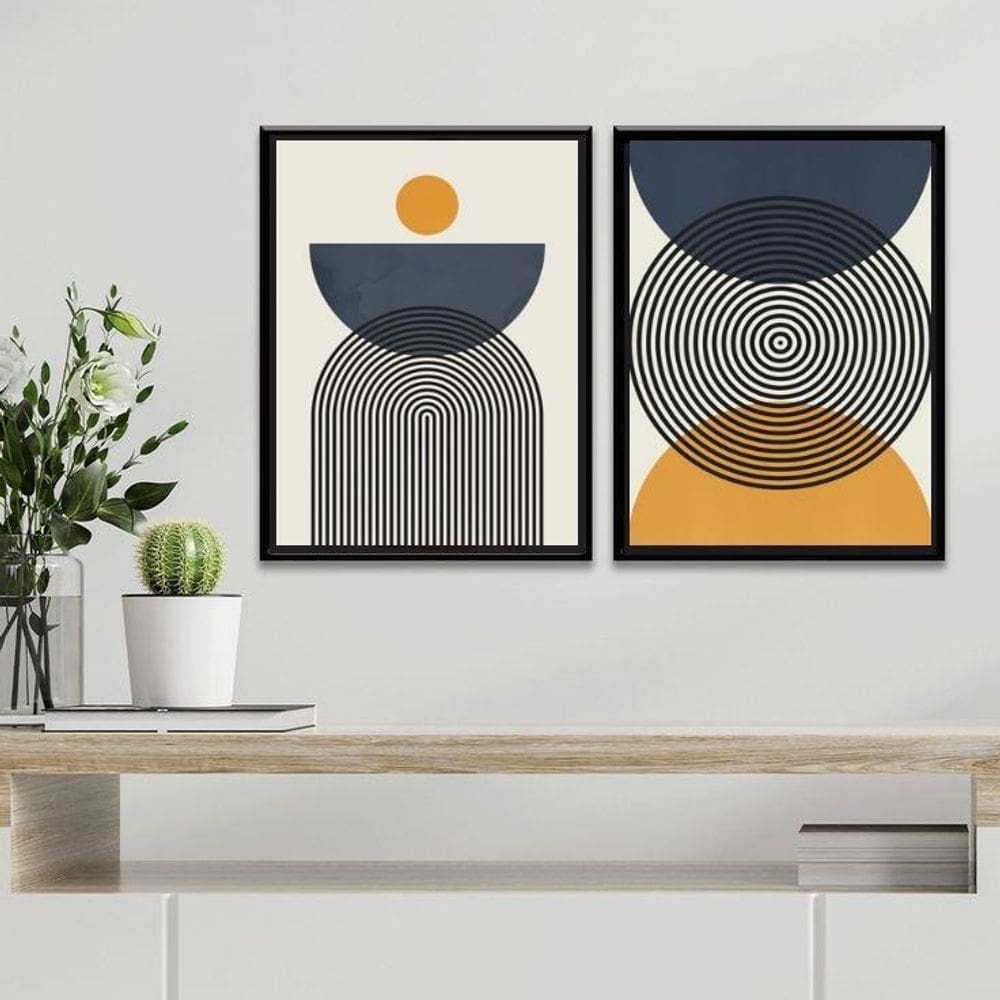 Kit 2 Quadros Abstrato Círculos Azul E Mostarda 45X34Cm
