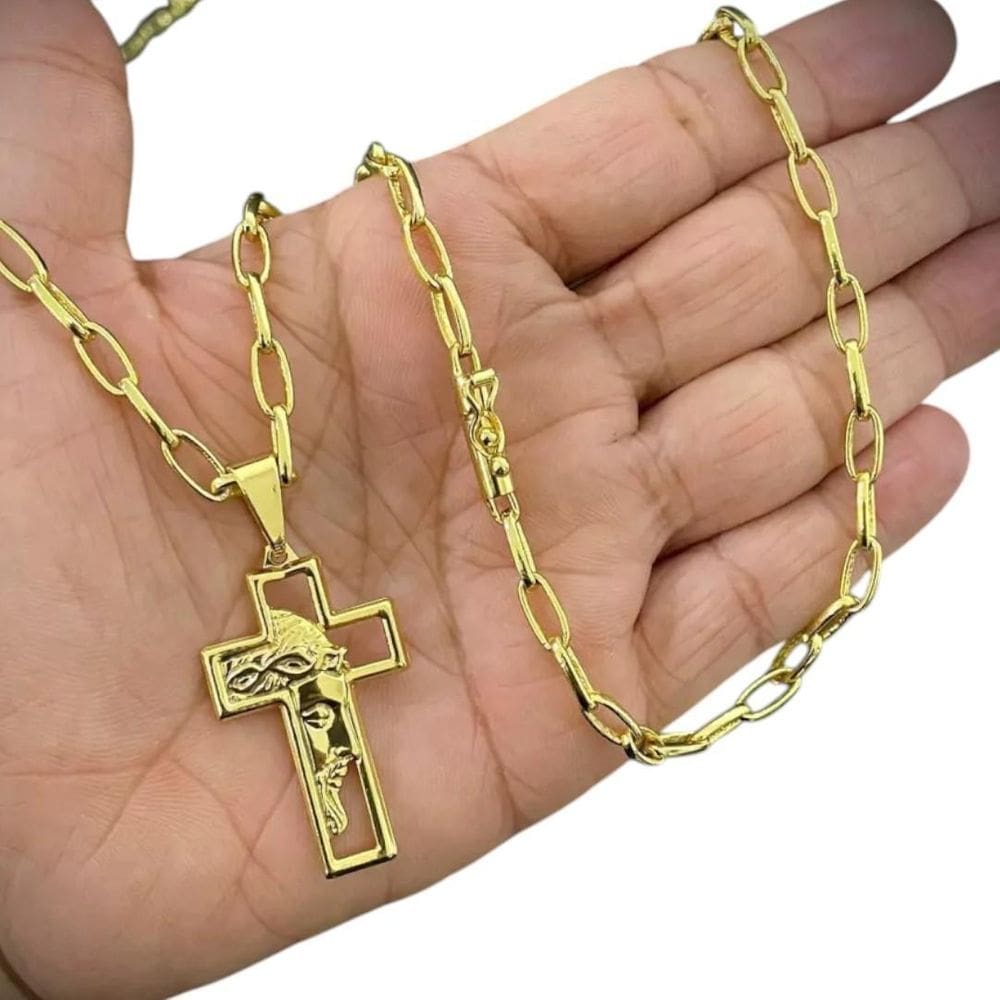 Cordão 5Mm Meia Cana + Pingente Cruz Face - Banhado A Ouro