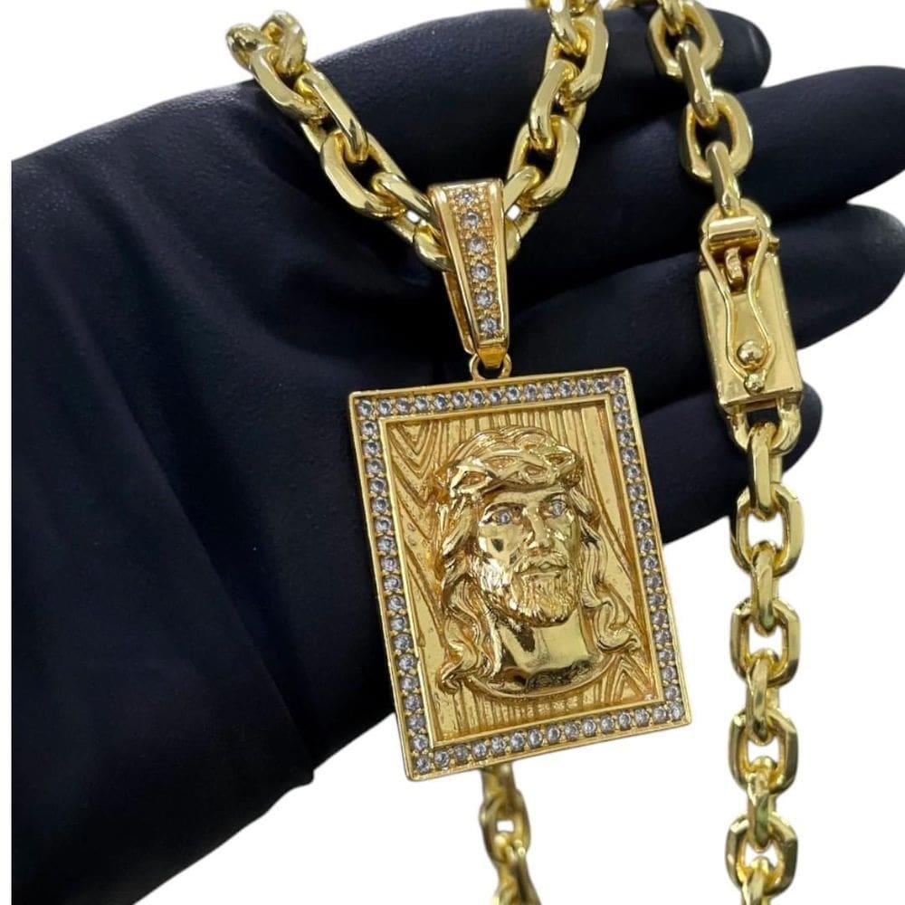 Cordão 8Mm Cadeado + Pingente Jesus Face - Banhado A Ouro