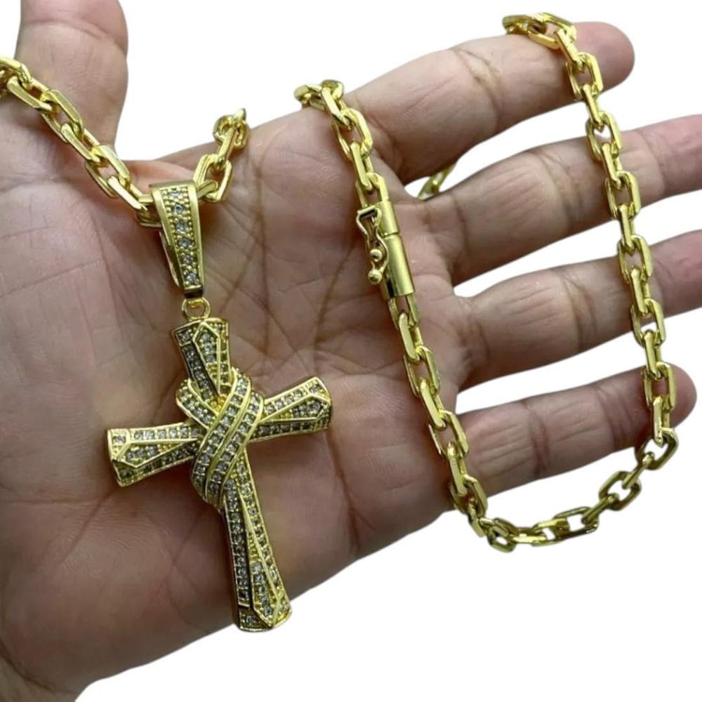 Cordão 6Mm Cadeado + Pingente Cruz Amarrada - Banhado A Ouro
