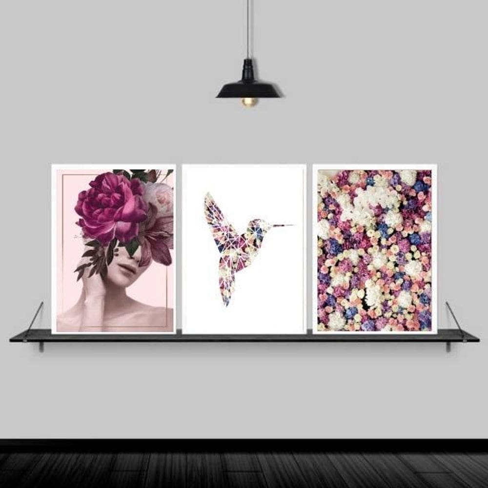 Kit 3 Quadros Mulher Flor Beija Flor 45X34 Com Vidro Branca
