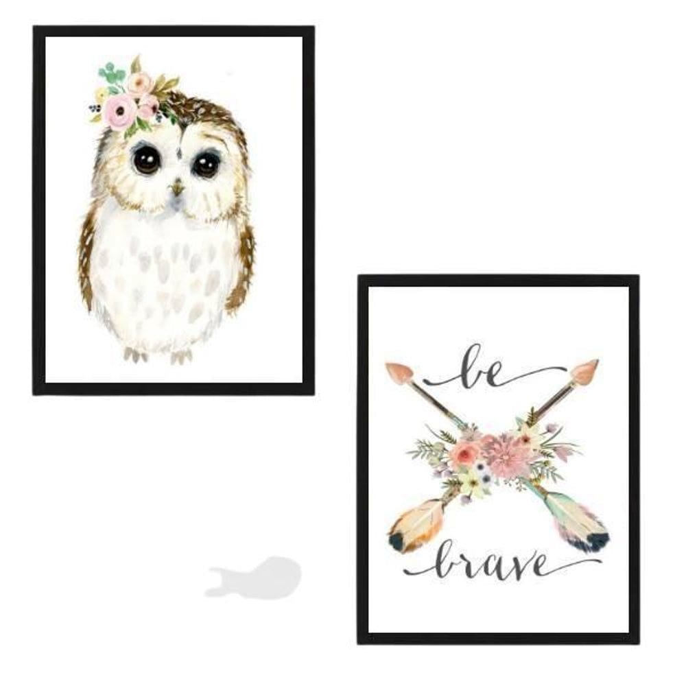 Quadros Corujinha Be Brave Moldura Preta 24X18Cm 2 Peças