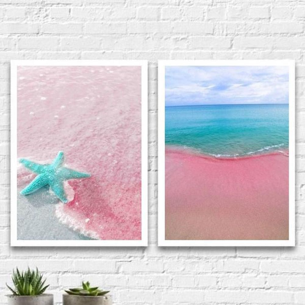 Kit 2 Quadros Mar Verão Rosa E Azul 45X34Cm