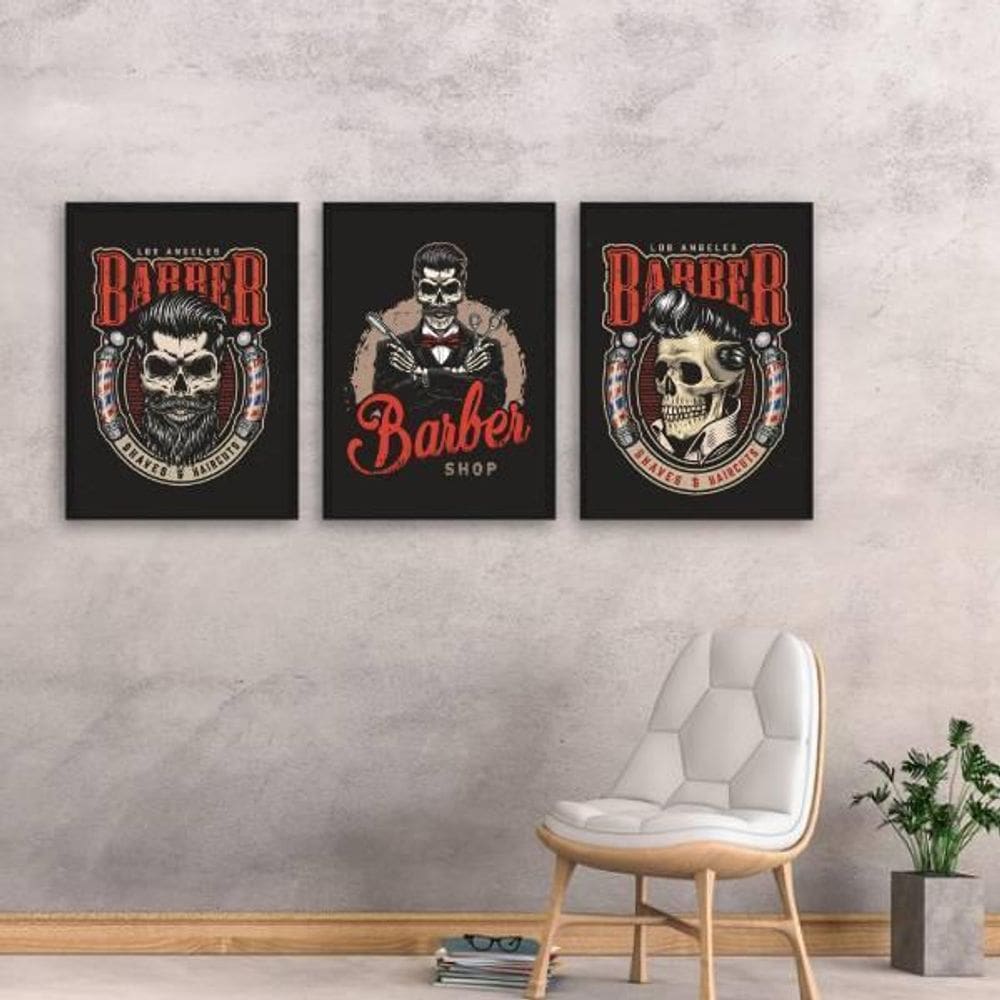 Quadros Barber Shop Skull Moldura Preta 24X18Cm 3 Peças