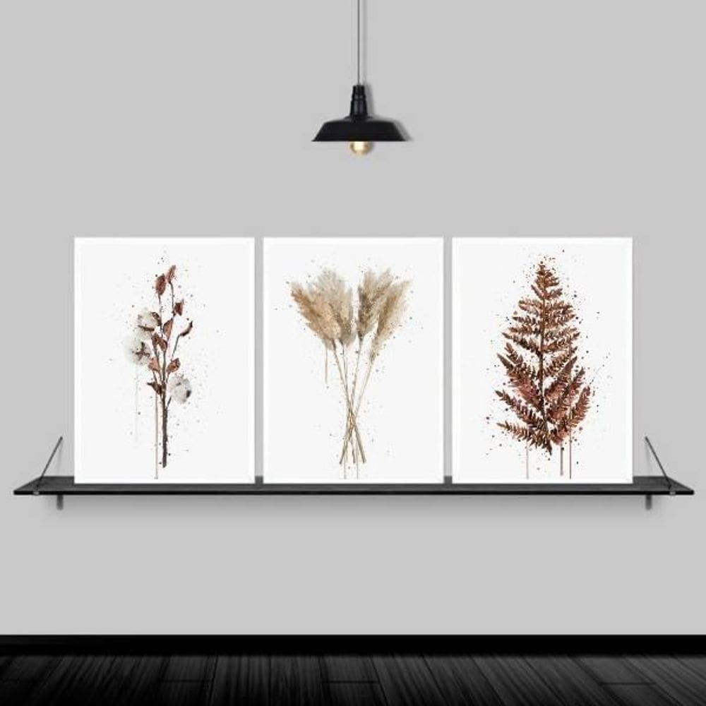 Kit 3 Quadros Flores Secas Aquarela 33X24Cm - Madeira Branca