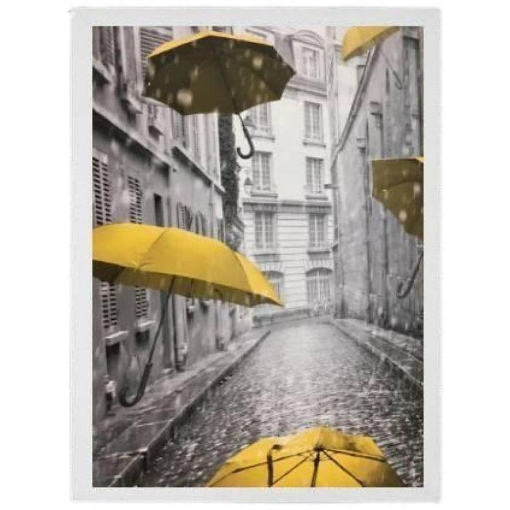 Quadro Decorativo Sombrinhas Amarelas Moldura Branca 24X18Cm