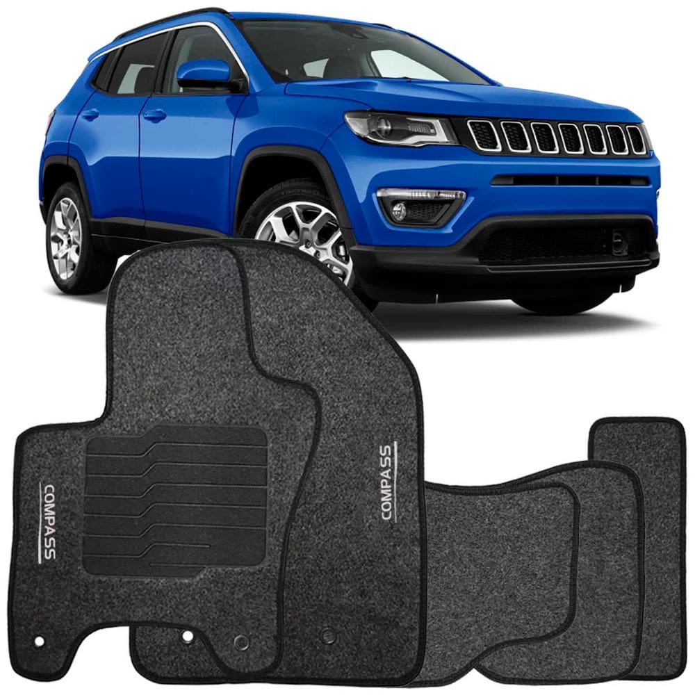Jogo de Tapete Automotivo Carpete Jeep Compass 2016 à 2025 Soft Logo Bordado Grafite 5 Peças