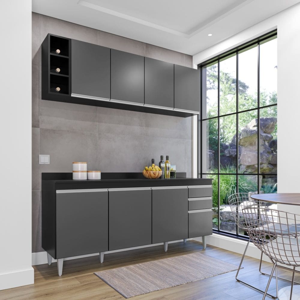 Cozinha Compacta Ágatha 180cm 8 Portas 2 Gavetas com Tampo Preto Grafite Maderatto Móveis