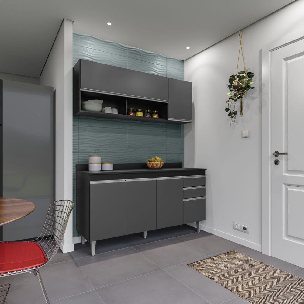 Cozinha Compacta Ayla 150cm 6 Portas 2 Gavetas com Tampo Preto Grafite Maderatto Móveis