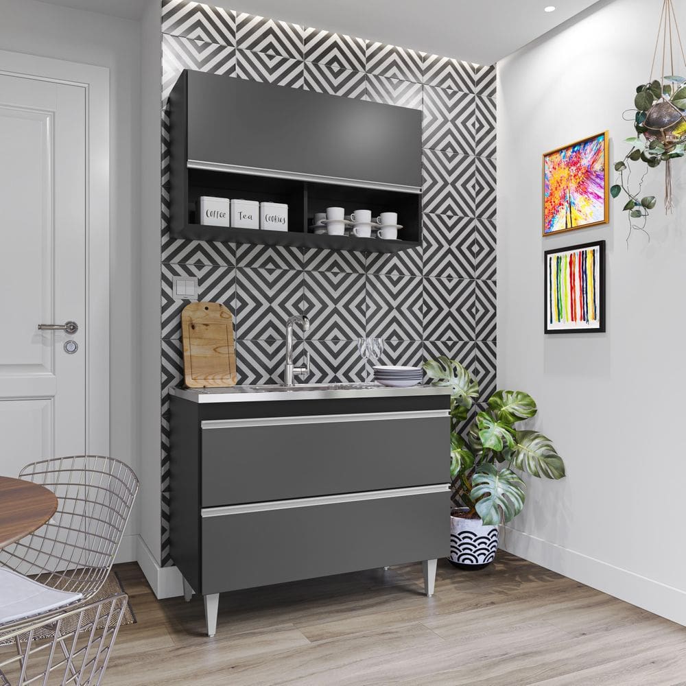 Kit de Cozinha Esmeralda 100cm 3 Portas Preto Grafite Maderatto Móveis