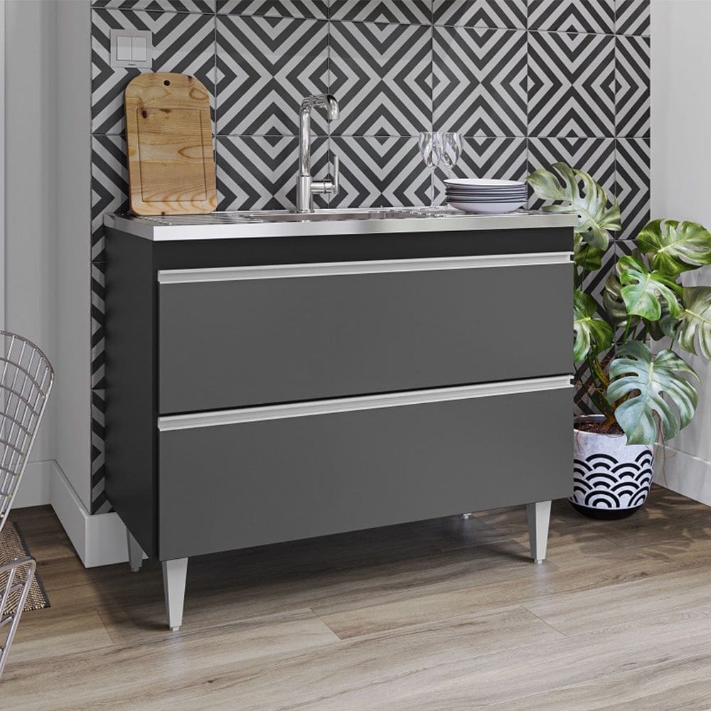 Balcão de Pia Esmeralda 100cm 2 Portas Basculantes Preto Grafite Maderatto Móveis