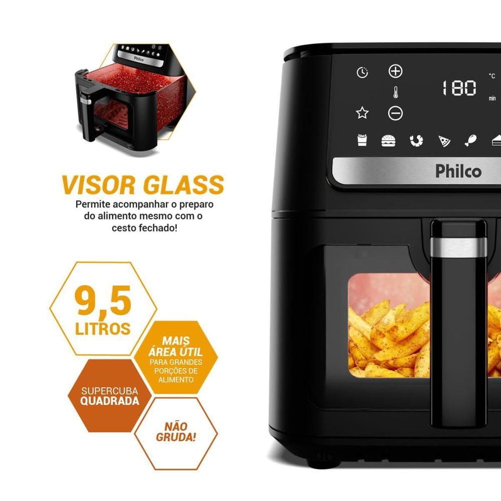 Air Fryer Philco 9,5L Visor Glass | Casas Bahia