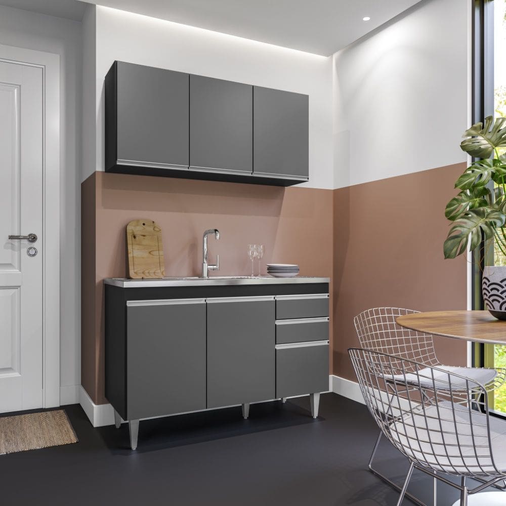 Kit de Cozinha Melissa com Pia e Cuba GhelPlus 120cm 6 Portas 2 Gavetas Preto Grafite Maderatto Móveis