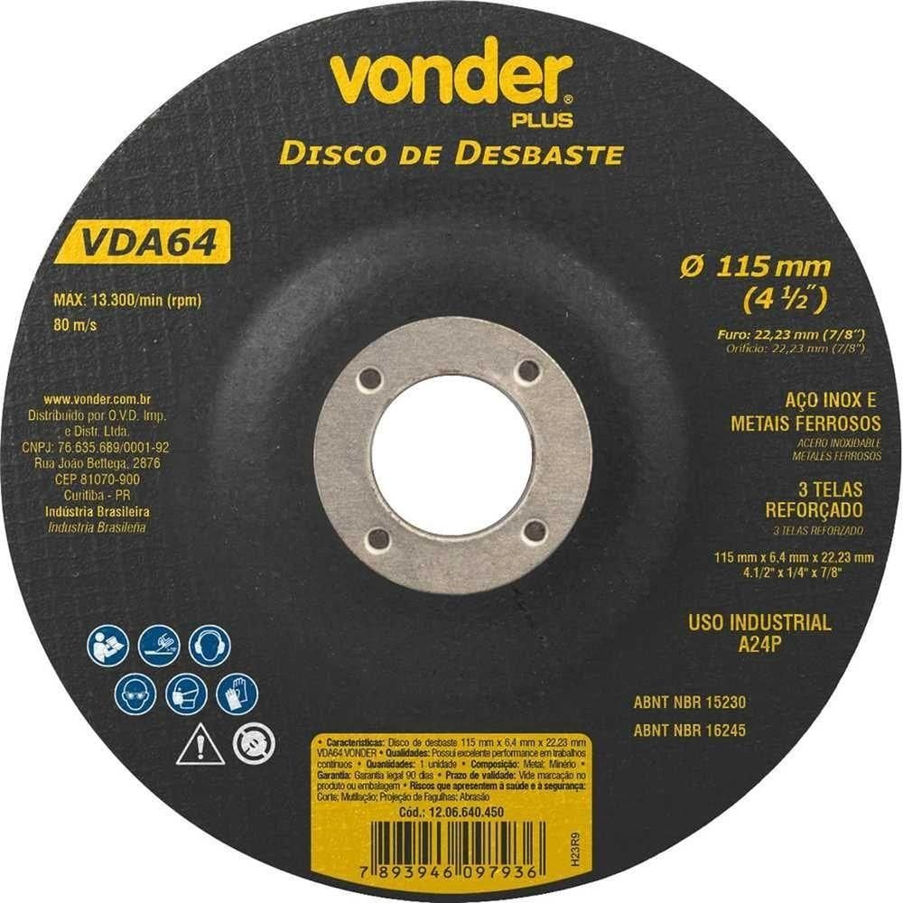 Disco De Desbaste 115,0 Mm X 6,4 Mm X 22,23 Mm, Vda 64, Vonder Plus Ostenvonder