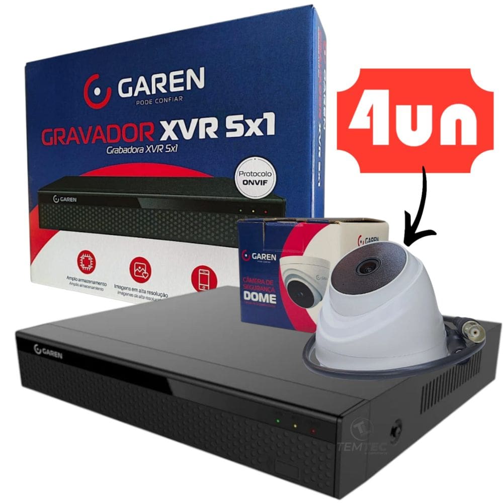 Kit Xvr Dvr 8C Gravador Full Hd Garen e 4 Câm Dome Infraverm