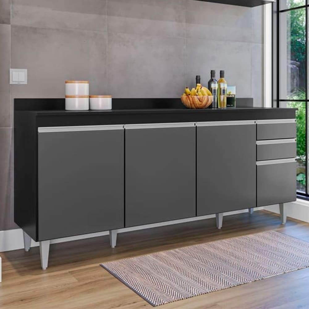 Balcão Ágatha com Tampo 180cm 4 Portas 2 Gavetas Preto Grafite Maderatto Móveis