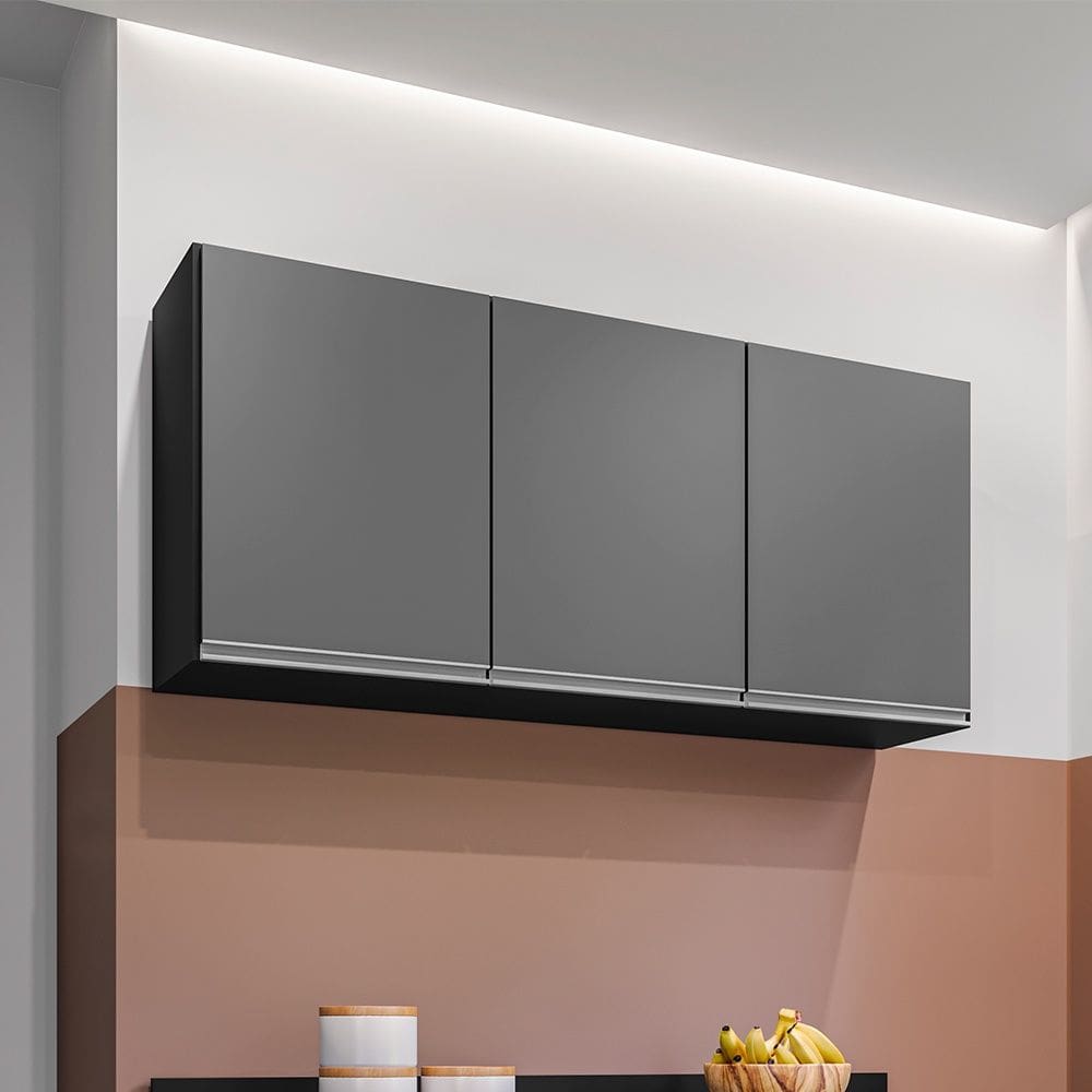 Armário Aéreo Valentina 120cm 3 Portas Preto Grafite Maderatto Móveis