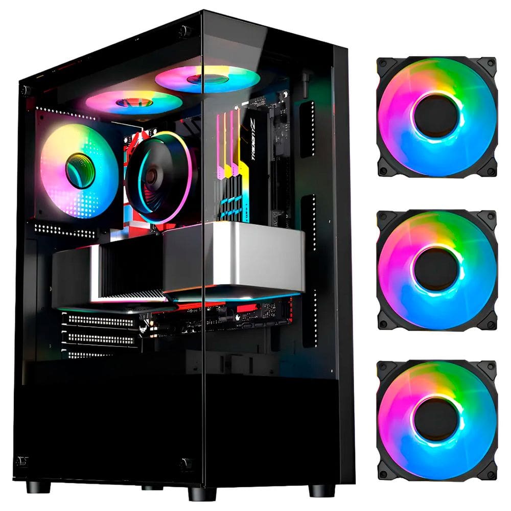 Gabinete Gamer Hayom GB1792, ATX, Lateral e frontal em Vidro Temperado, USB 3.0, 3x Coolers Fan RGB, Preto