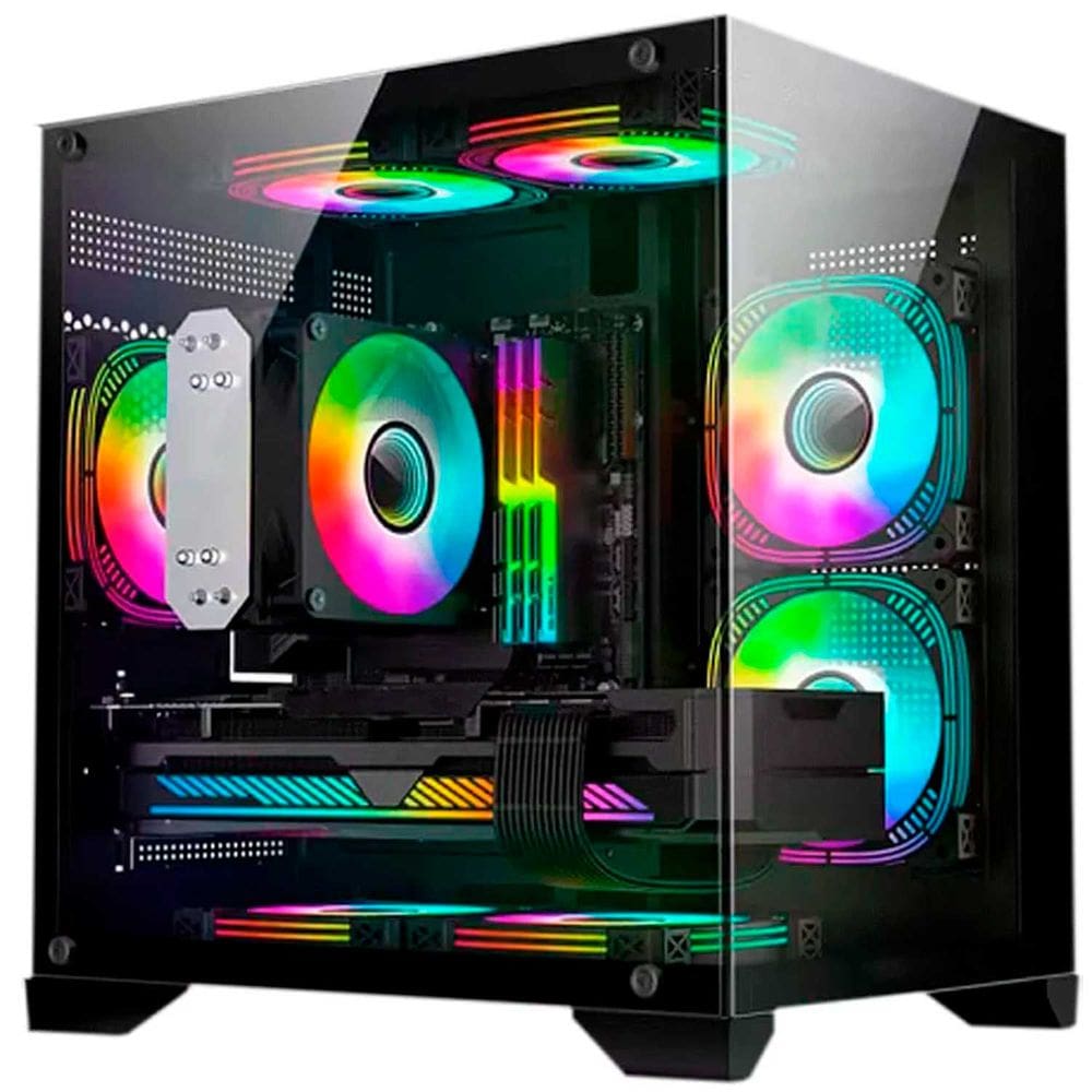 Gabinete Gamer Aquário Hayom GB1790, 4x Fans RGB,  Lateral e Frontal em Vidro Temperado, Micro ATX - Preto