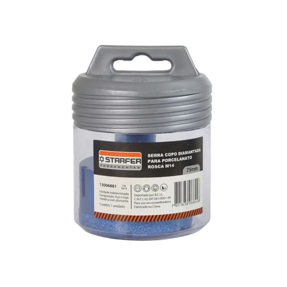 Serra Copo Diamantada 75mm Para Porcelanato Ceramica e Marmore Encaixe Rosca M14 Para Esmerilhadeira Corte Seco ou Umido