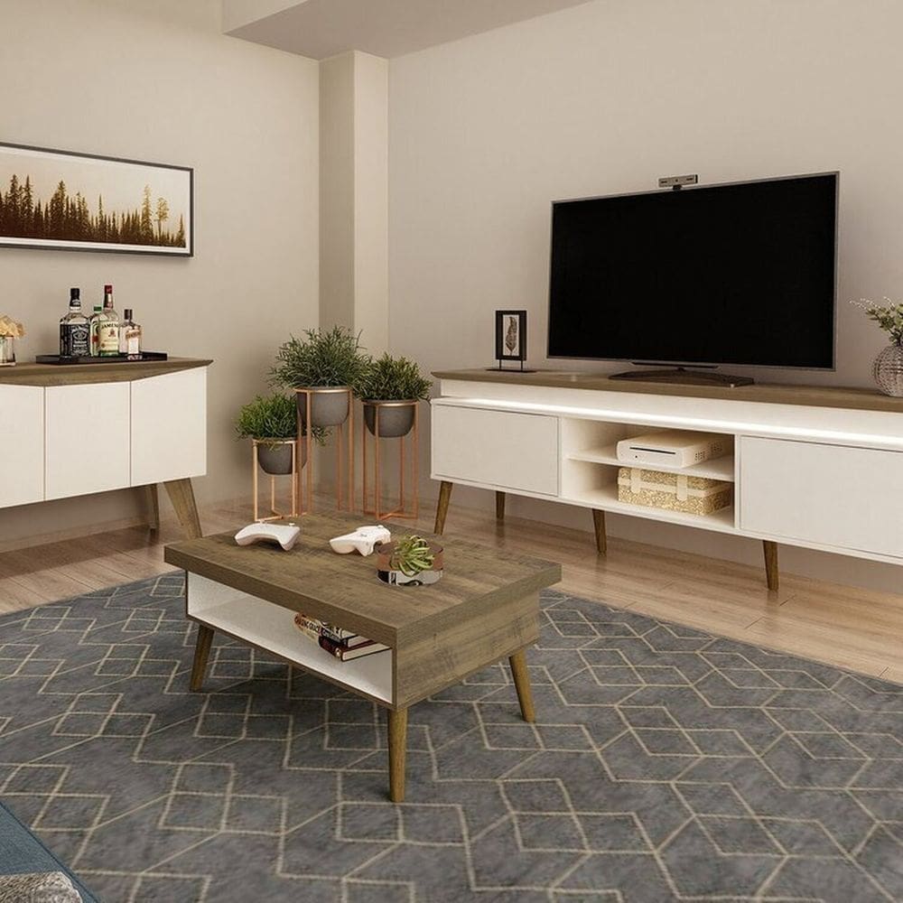 Conjunto Sala de Estar Mesa de Centro Lucca e Buffet Oásis e Rack Lumina Pinho/Off White