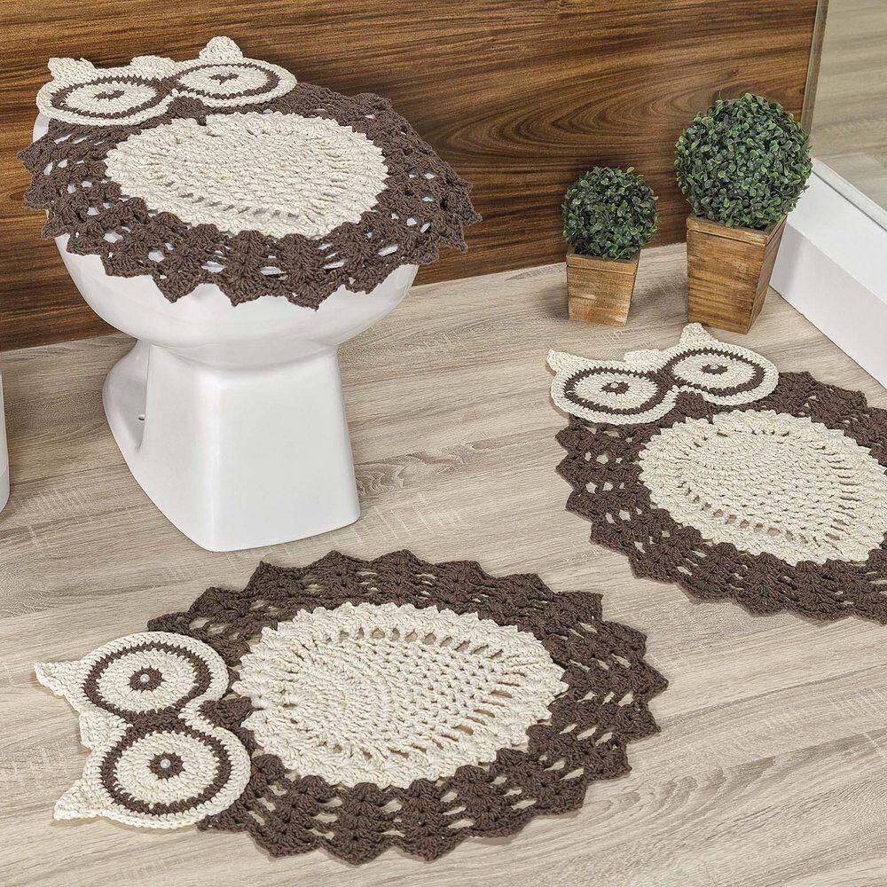 Jogo De Banheiro Coruja Em Crochê Feito A Mão 03 Peças 85% Algodão | 15% Poliéster - Cru