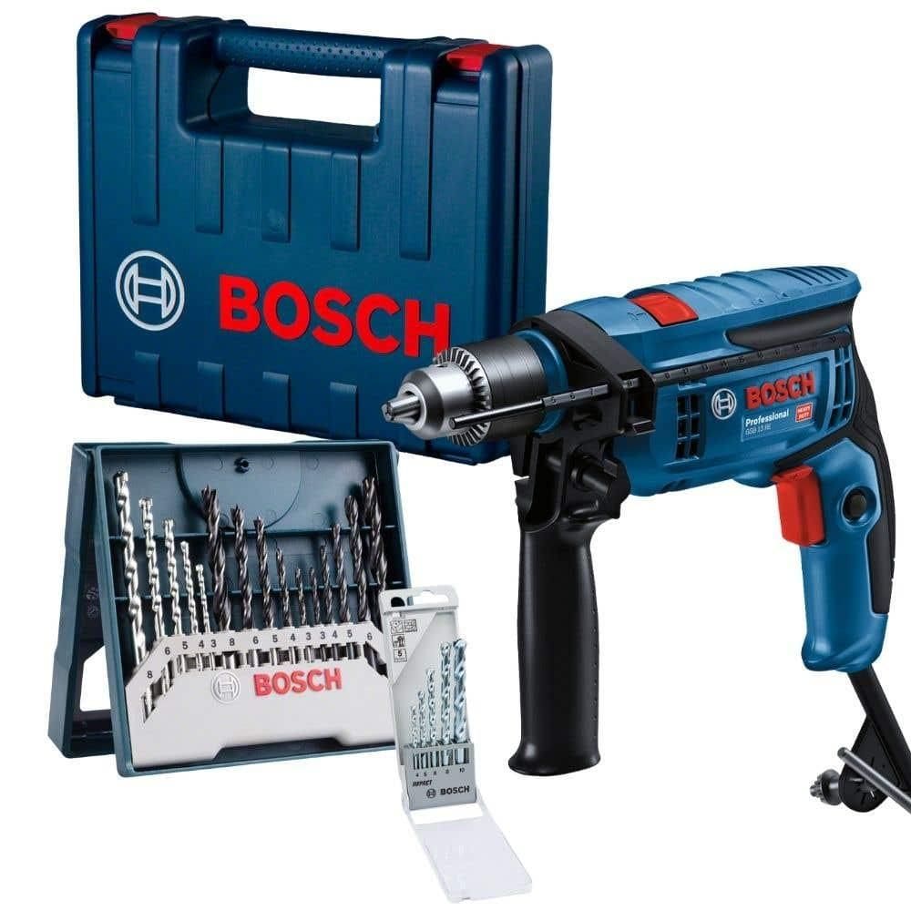 Furadeira de Impacto 1/2 POL 750W com Maleta Kit 5 Brocas e Estojo 15 Peças BOSCH
