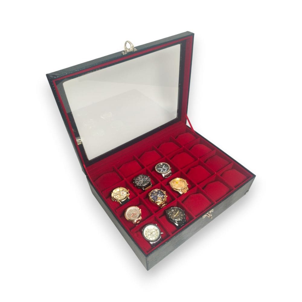 Porta Relógio Estojo Organizador 20 Nichos Maiores Couro Ecológico Preto Vermelho