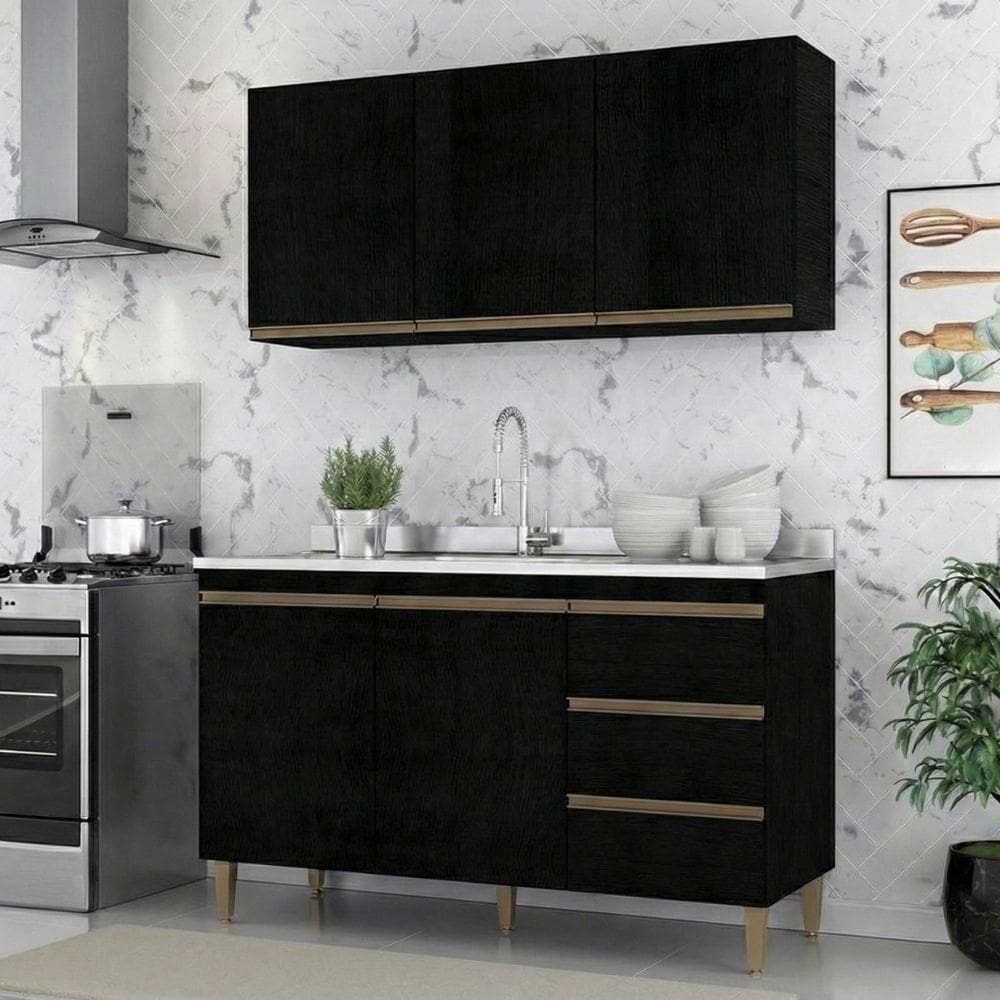 Armário De Cozinha Compacta Modulada 2 Peças Milão Menu Móveis Preto