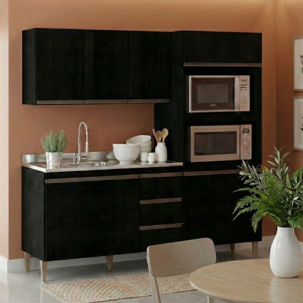 Armário De Cozinha Compacta Modulada 3 Peças Milão Menu Móveis Preto