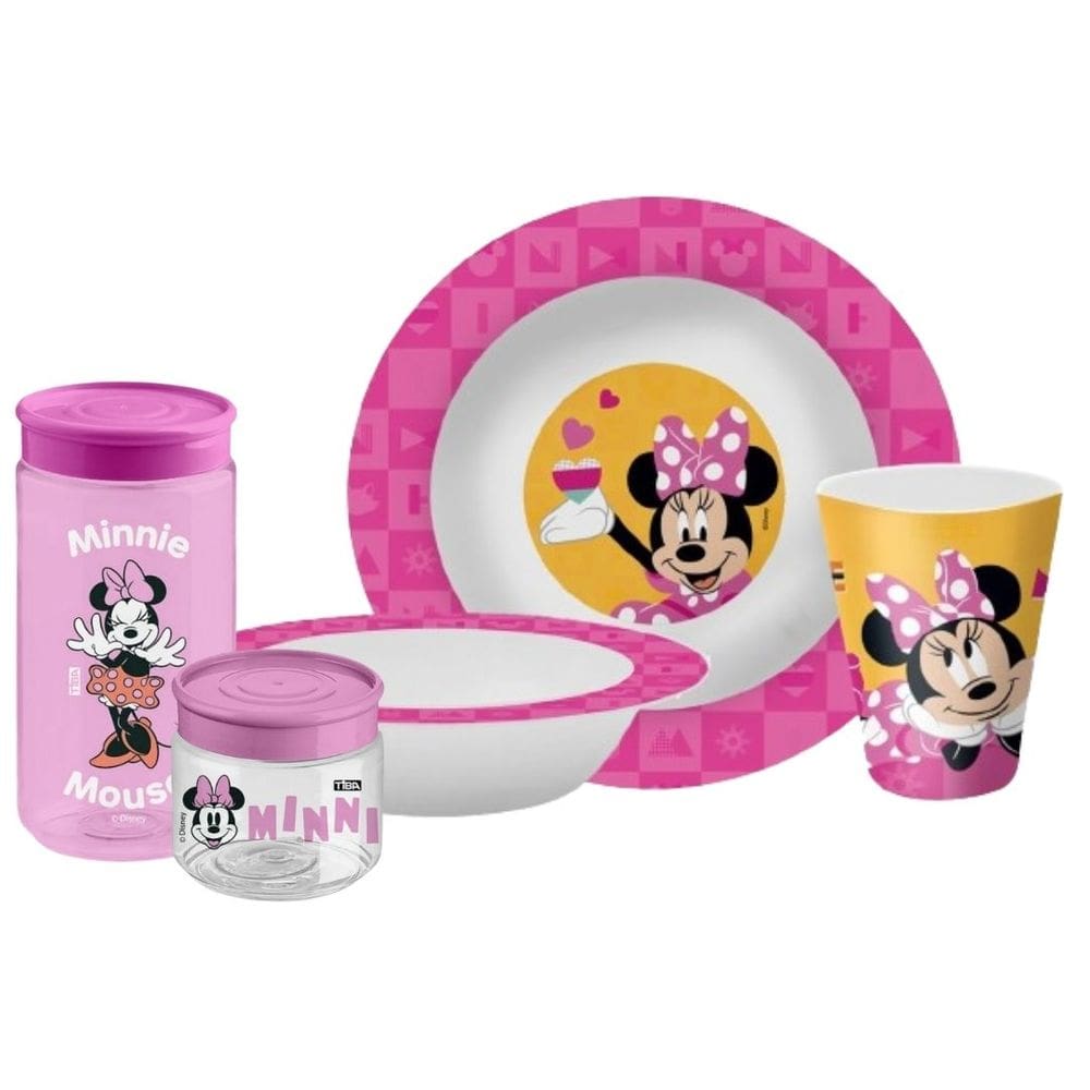 Kit Refeição Infantil Minnie Disney 5 Peças Prato, Tigela, Copo e Potes Multiuso