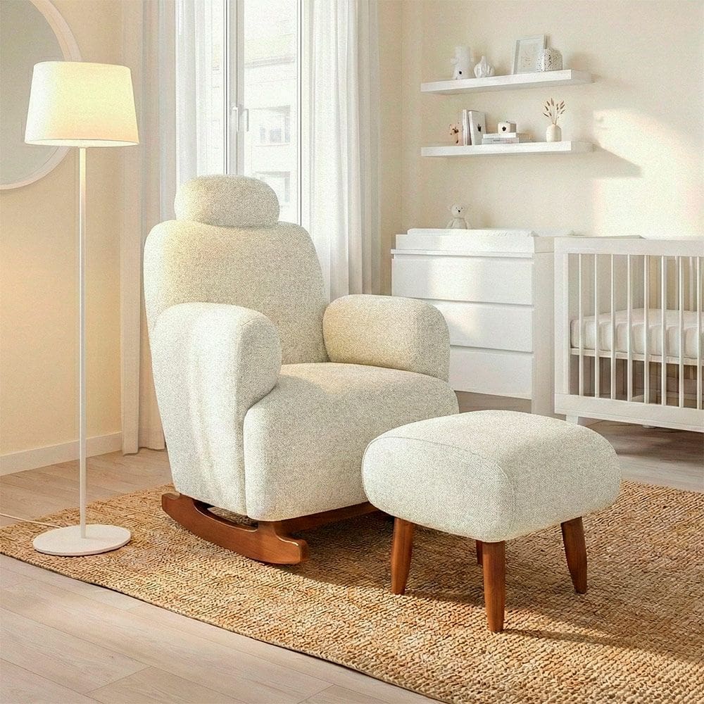 Poltrona Amamentação de Balanço com Puff Aurora Conforto Extra e Design Atual Chenille Off White