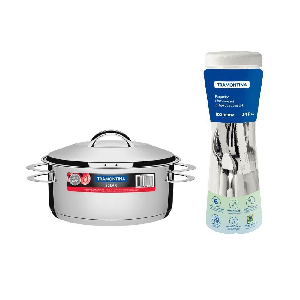 Kit Caçarola Aço Inox Solar 4,7 Litros Pit 1 + Faqueiro 24 Peças Ipanema Cabo Branco - Tramontina