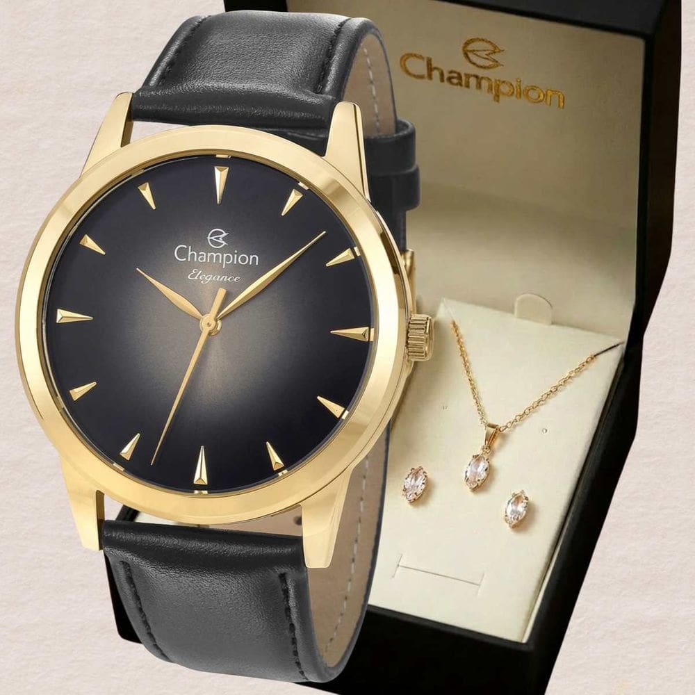 Relógio Champion Feminino Analógico Dourado CN20828K + Kit Colar e Brinco