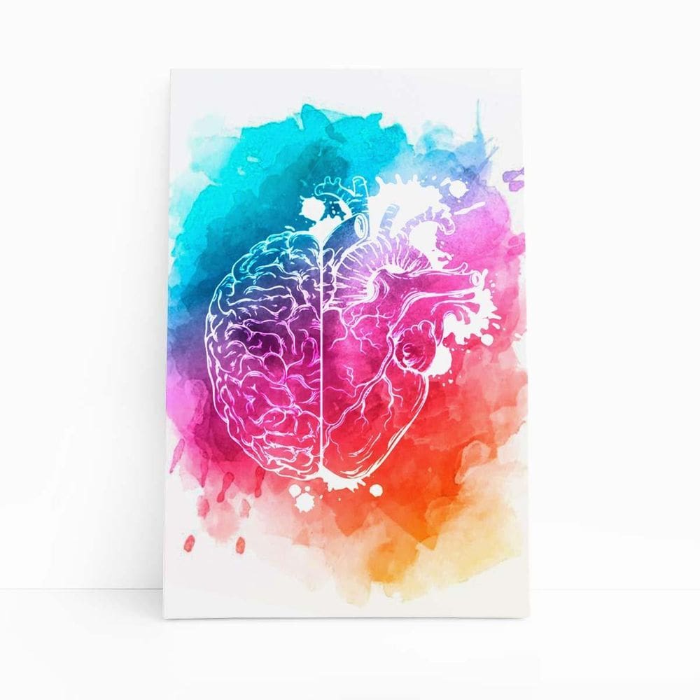 Cérebro E Coração Colorido Aquarela Quadro Canvas 60X40Cm