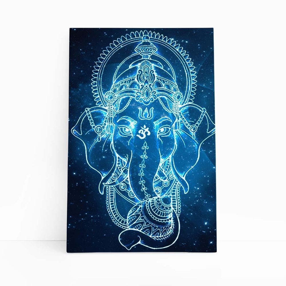 Quadro Canvas Ganesha Deus Hindu Azul Neon Universo 60X40Cm