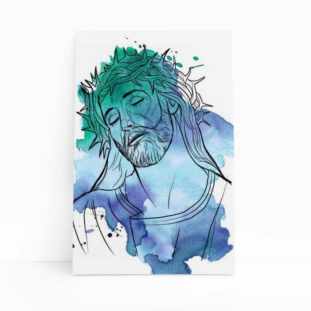Jesus Cristo Arte Aquarela Azul Verde Quadro Canvas 60X40Cm