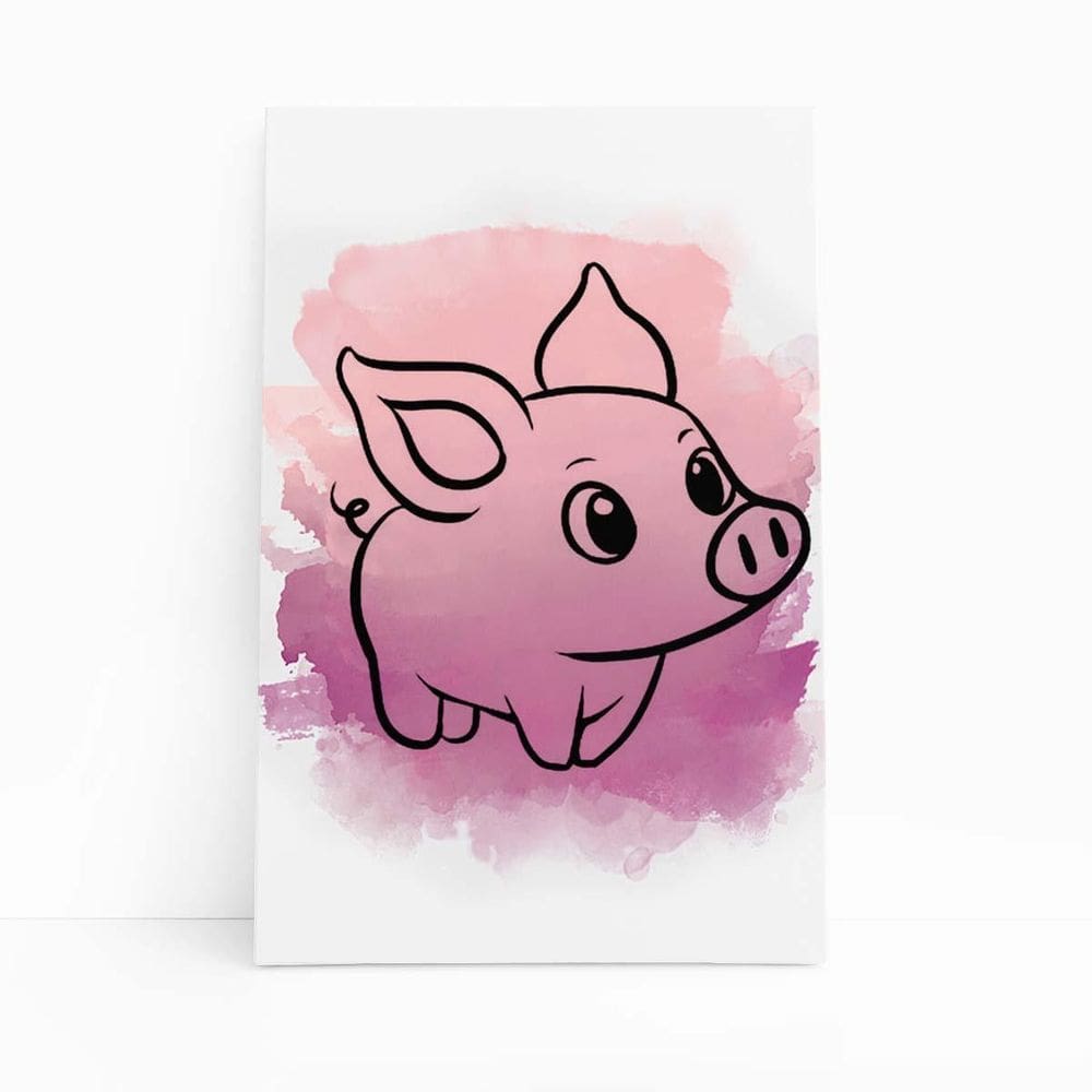 Porco Animal Rosa Aquarela Infantil Quadro Canvas 60X40Cm