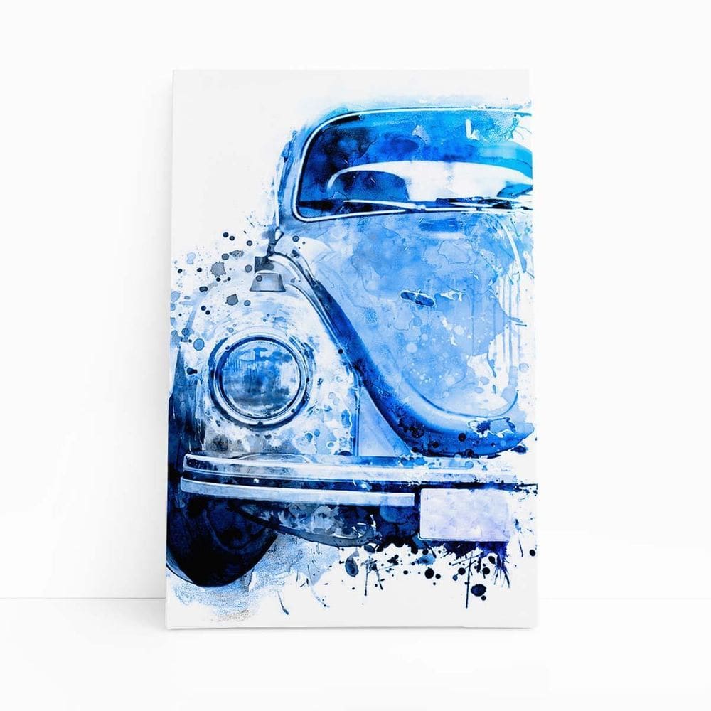 Fusca Arte Aquarela Azul Ciano Carro Quadro Canvas 60X40Cm