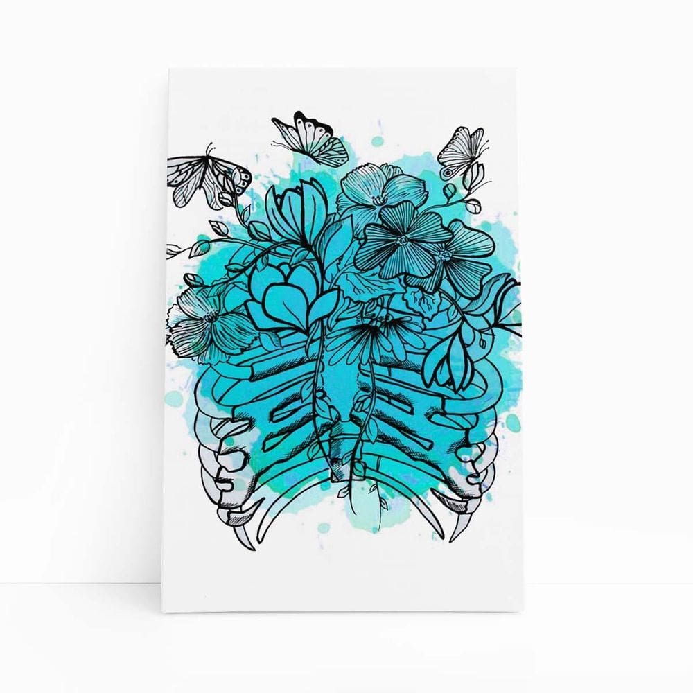 Flores Esqueleto Aquarela Azul Tinta Quadro Canvas 60X40Cm