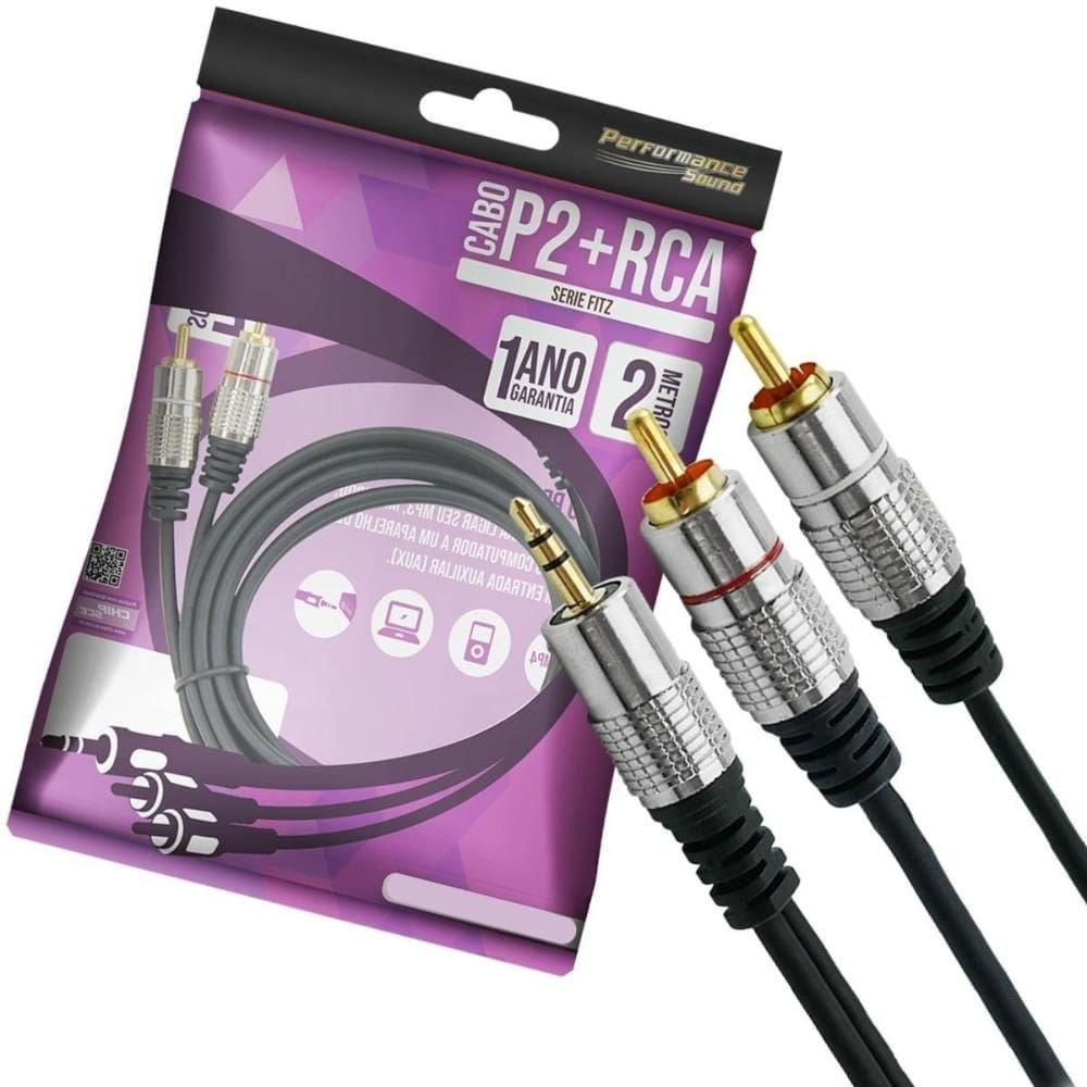 Cabo de Áudio P2 Estéreo para 2 RCA Macho 2 Metros Cabos Golden
