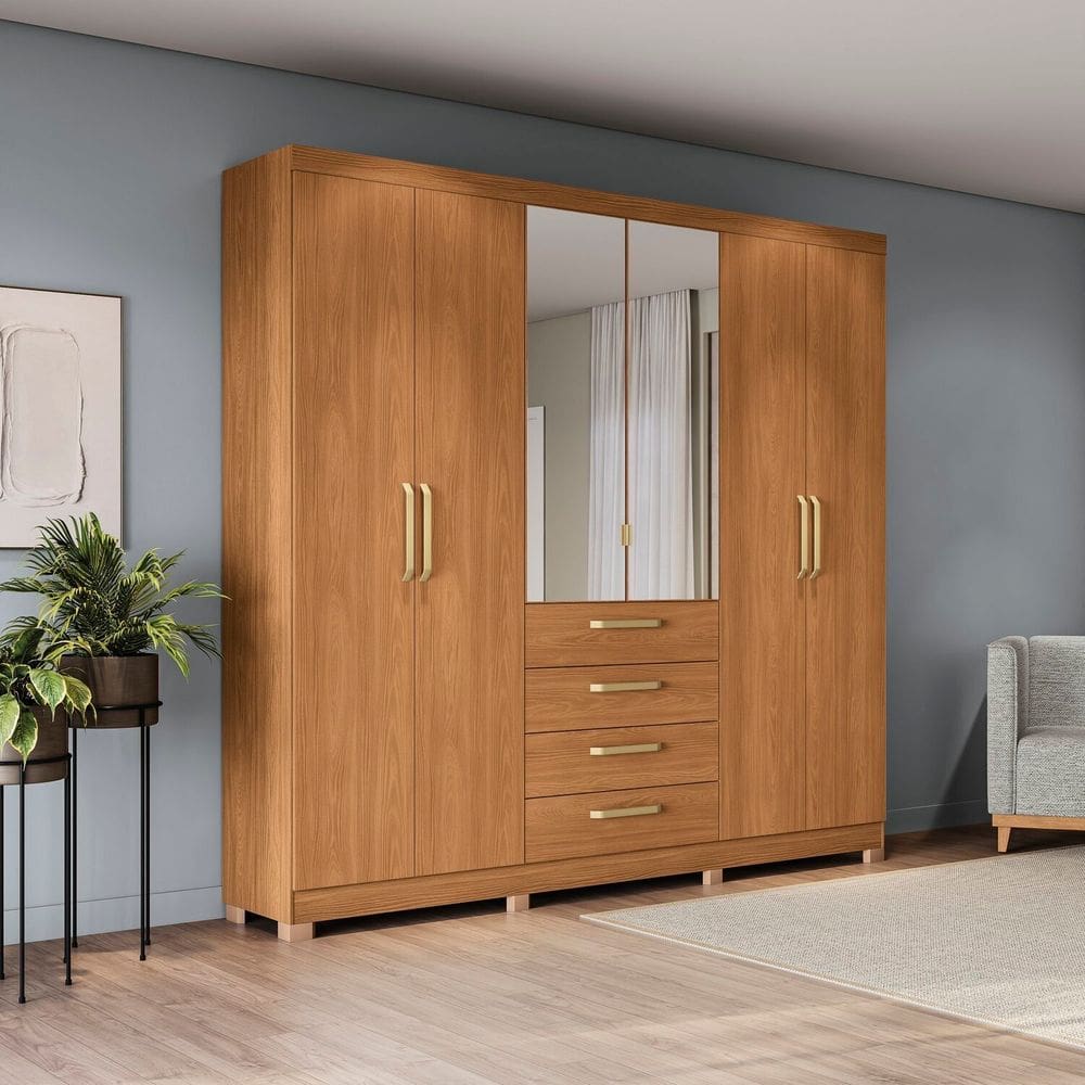 Guarda-roupa 6 Portas e 4 Gavetas com Espelho e Pés de Madeira Open Canela