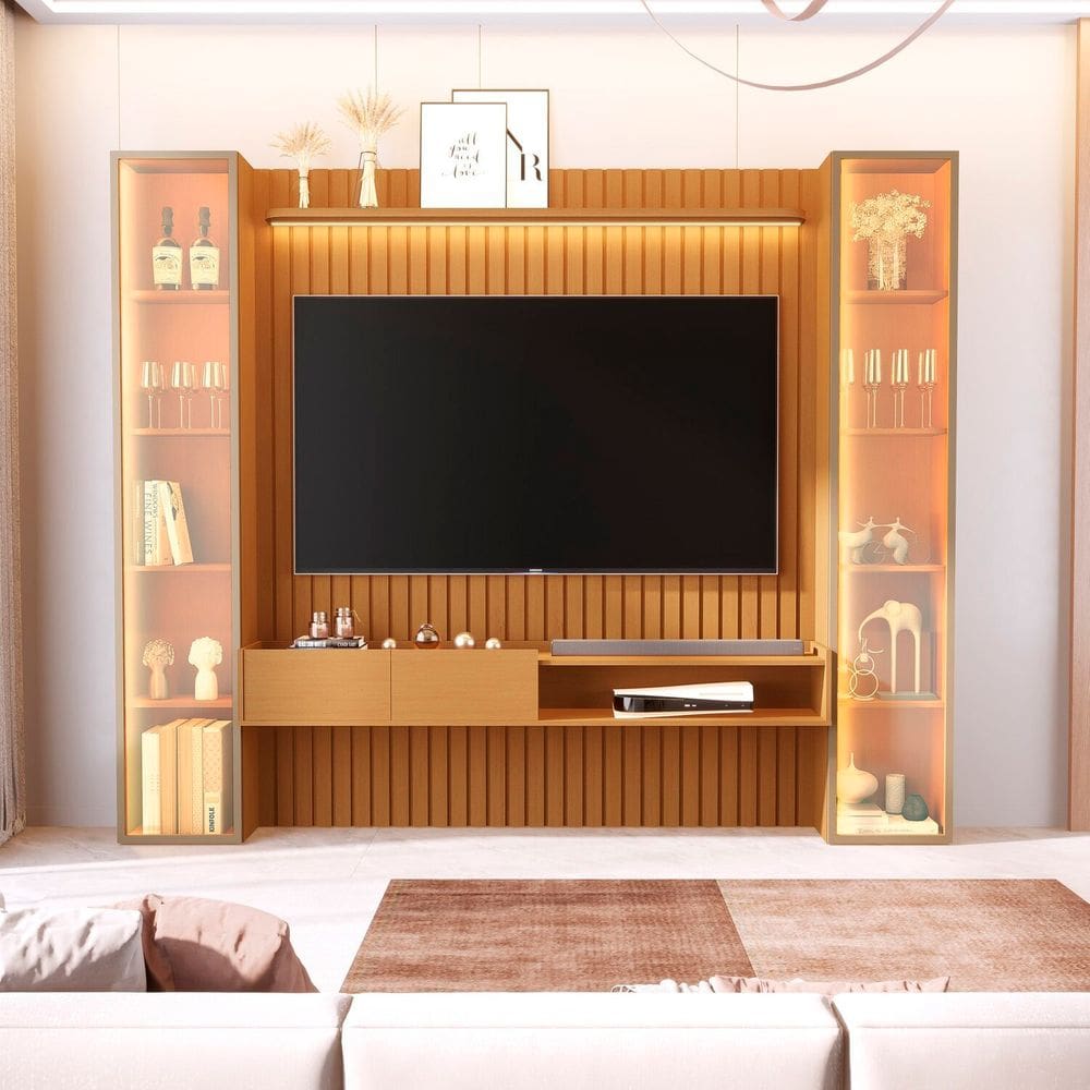 Painel para Tv 75 Polegadas 100% Mdf com Led e 2 Torres Porta Reflecta Vitoria Regia Marrom