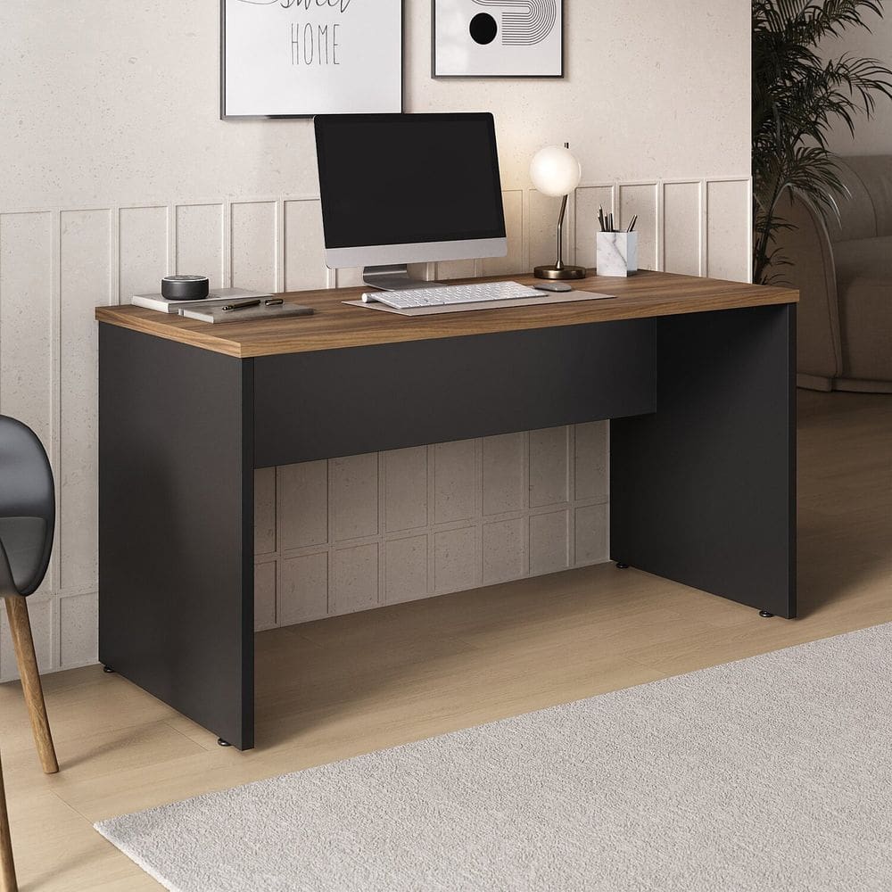 Mesa para Escritório e Home Office Escrivaninha Moderna e Simples Lineare Nogal / Preto