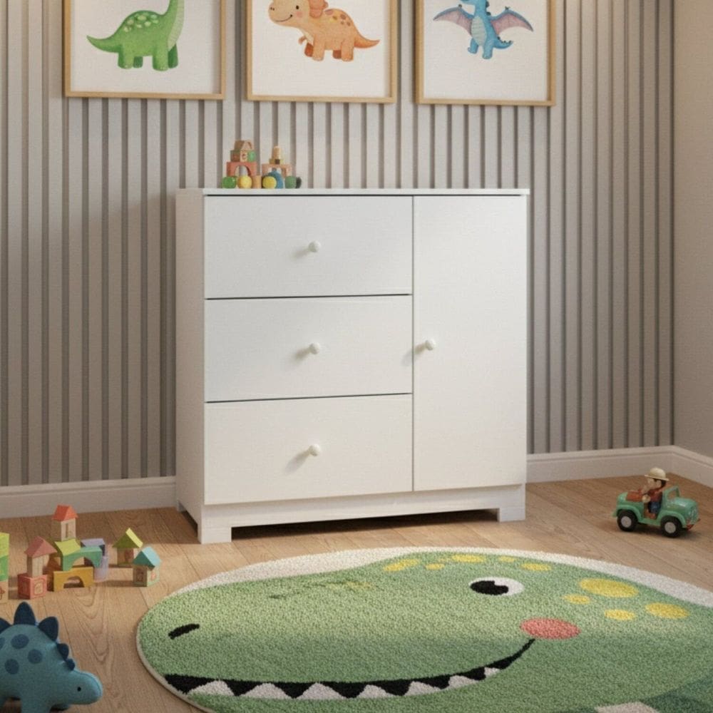 Cômoda Infantil 1 Porta 3 Gavetas Mdf Duda Branco Brilho