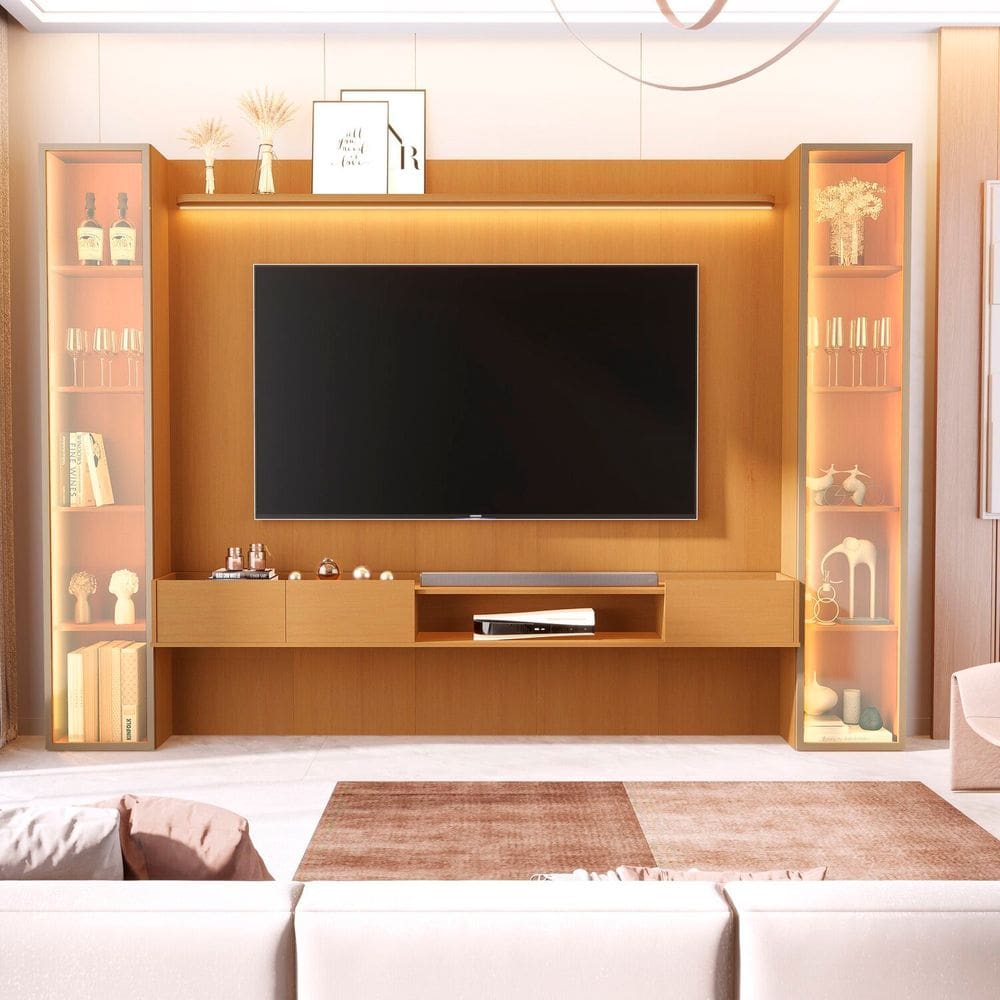 Painel para Tv 84 Polegadas 100% Mdf com 2 Torre com Porta Reflecta Led Vitoria Regia Marrom