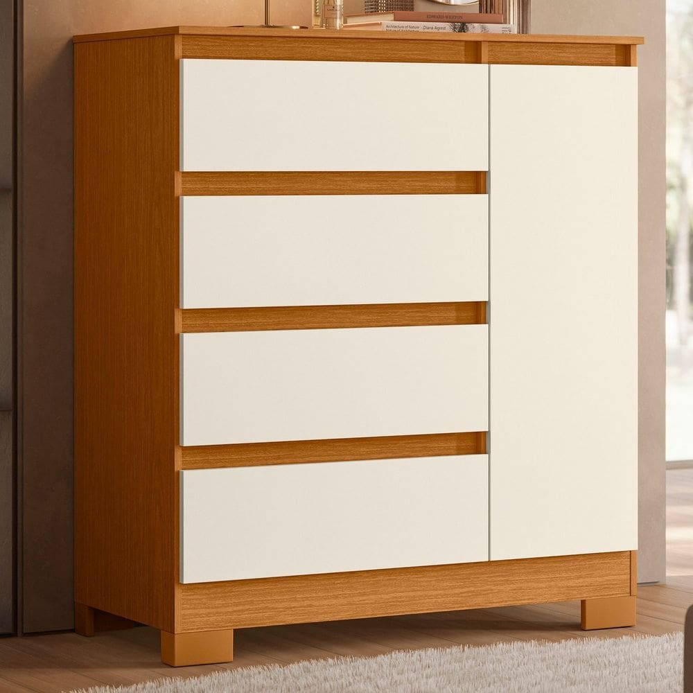 Cômoda Sapateira Infantil 01 Porta e 04 Gavetas Olímpia Cinamomo / Off White