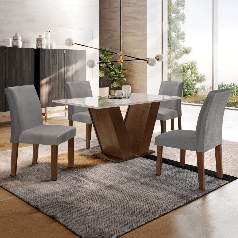 Conjunto Sala de Jantar Mesa 120x80cm Tampo Mdf/vidro com 4 Cadeiras Espanha Yescasa Chocolate/Cinza/Off White