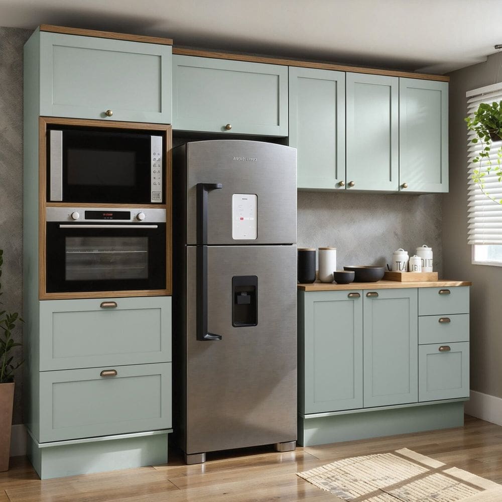 Cozinha Modulada Completa 4 Peças 100% Mdf Modelo Americano Provençal Iluminata Verde Mint/Ébano Fosco