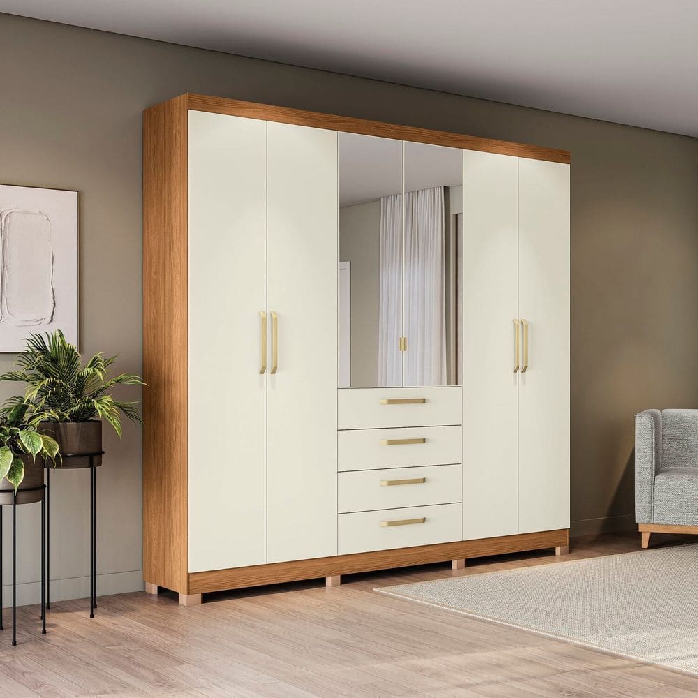 Guarda-roupa 6 Portas e 4 Gavetas com Espelho e Pés de Madeira Open Canela/Off White